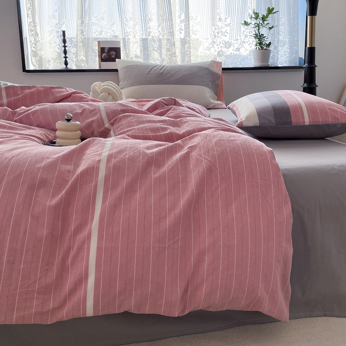 91家纺网 家纺一手货源 找家纺 春皖家纺 2026新款色织AB版水洗棉三件套四件套单品系列（四件套风格一） 素雅-蔻粉