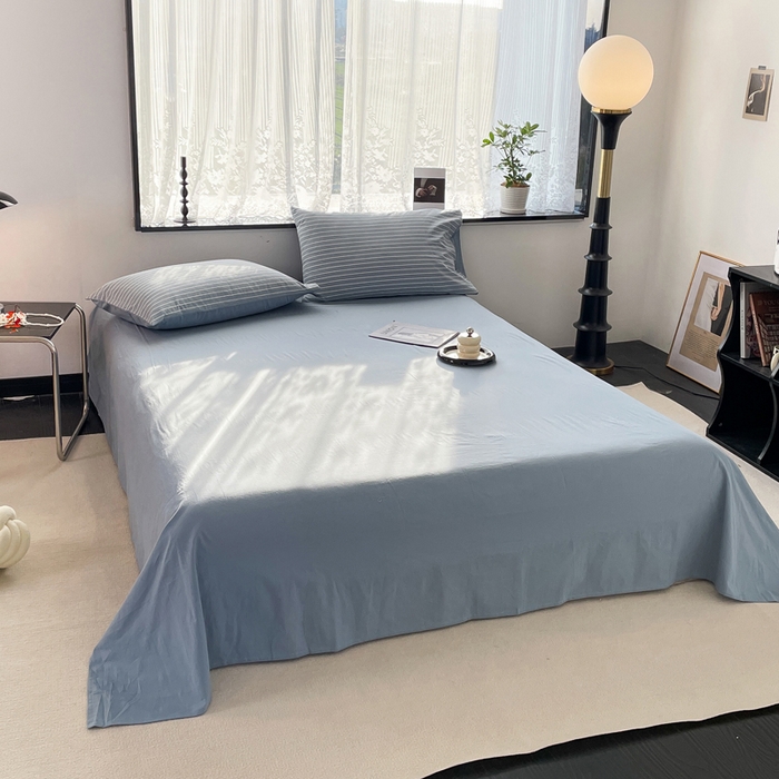 91家纺网 家纺一手货源 找家纺 春皖家纺 2026新款色织AB版水洗棉三件套四件套单品系列（四件套风格一） 素雅-蓝条