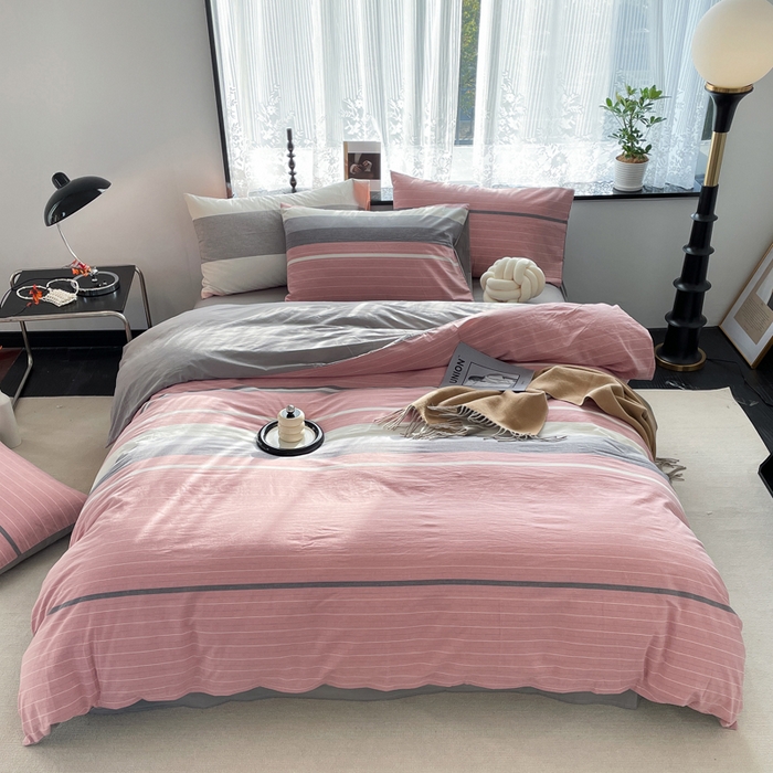 91家纺网 家纺一手货源 找家纺 春皖家纺 2026新款色织AB版水洗棉三件套四件套单品系列（四件套风格一） 素雅-蔻粉