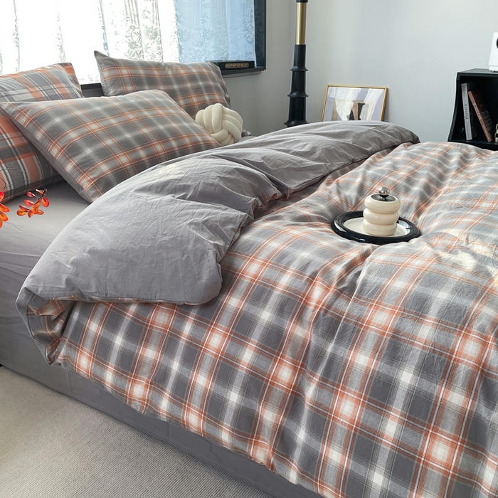 91家纺网 家纺一手货源 找家纺 春皖家纺 2026新款色织AB版水洗棉三件套四件套单品系列（四件套风格一） 栗木-咖格