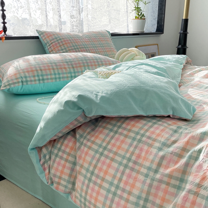 91家纺网 家纺一手货源 找家纺 春皖家纺 2026新款色织AB版水洗棉三件套四件套单品系列（四件套风格一） 翠竹-绿格