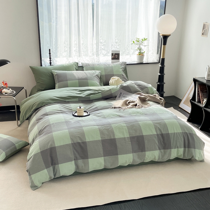 91家纺网 家纺一手货源 找家纺 春皖家纺 2026新款色织AB版水洗棉三件套四件套单品系列（四件套风格一） 素雅-清格