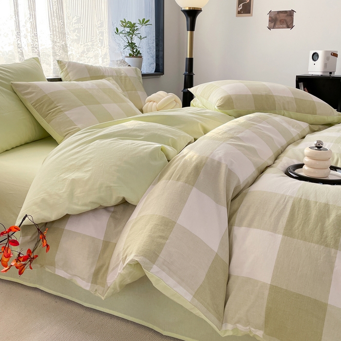 91家纺网 家纺一手货源 找家纺 春皖家纺 2026新款色织AB版水洗棉三件套四件套单品系列（四件套风格一） 素雅-芳绿