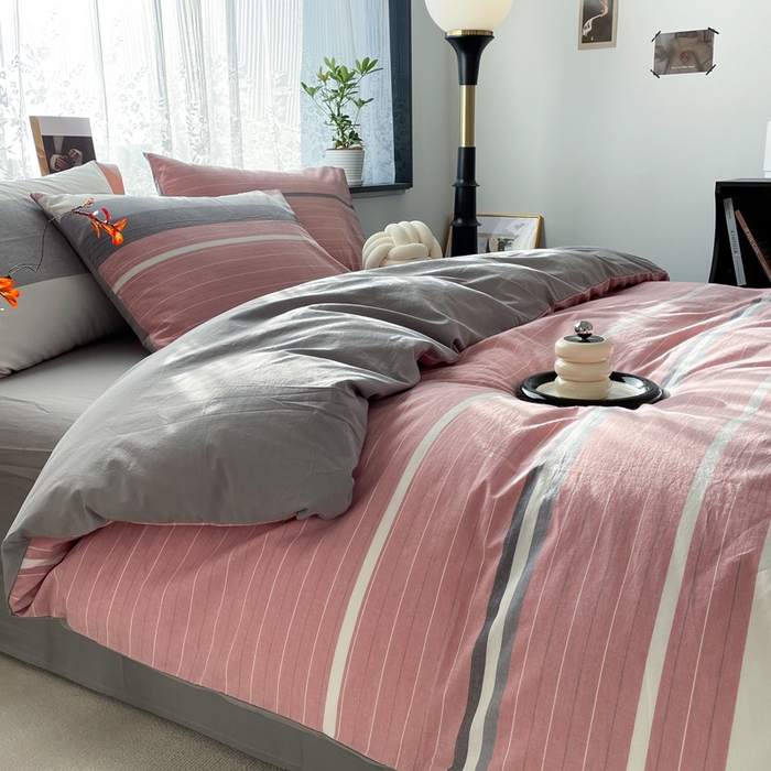 91家纺网 家纺一手货源 找家纺 春皖家纺 2026新款色织AB版水洗棉三件套四件套单品系列（四件套风格一） 素雅-蔻粉