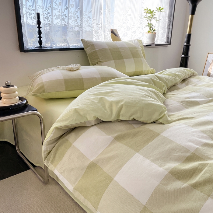 91家纺网 家纺一手货源 找家纺 春皖家纺 2026新款色织AB版水洗棉三件套四件套单品系列（四件套风格一） 素雅-芳绿