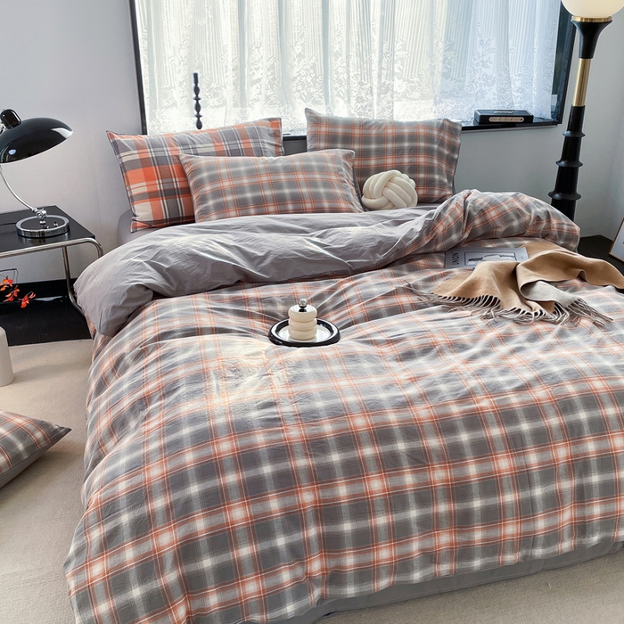 91家纺网 家纺一手货源 找家纺 春皖家纺 2026新款色织AB版水洗棉三件套四件套单品系列（四件套风格一） 栗木-咖格