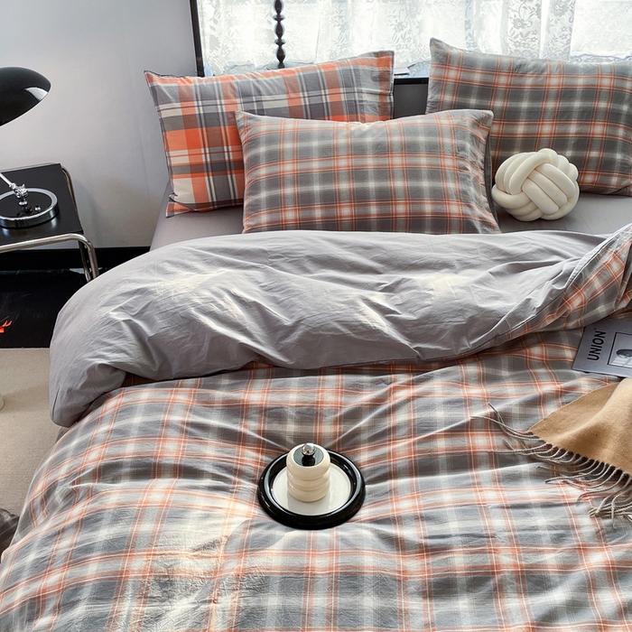 91家纺网 家纺一手货源 找家纺 春皖家纺 2026新款色织AB版水洗棉三件套四件套单品系列（四件套风格一） 栗木-咖格