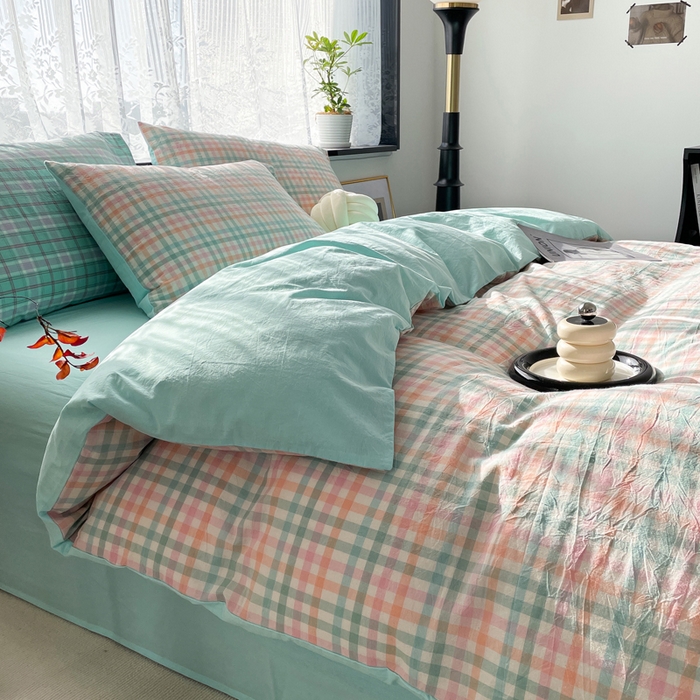 91家纺网 家纺一手货源 找家纺 春皖家纺 2026新款色织AB版水洗棉三件套四件套单品系列（四件套风格一） 翠竹-绿格