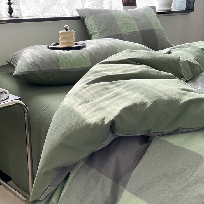 91家纺网 家纺一手货源 找家纺 春皖家纺 2026新款色织AB版水洗棉三件套四件套单品系列（四件套风格一） 素雅-清格