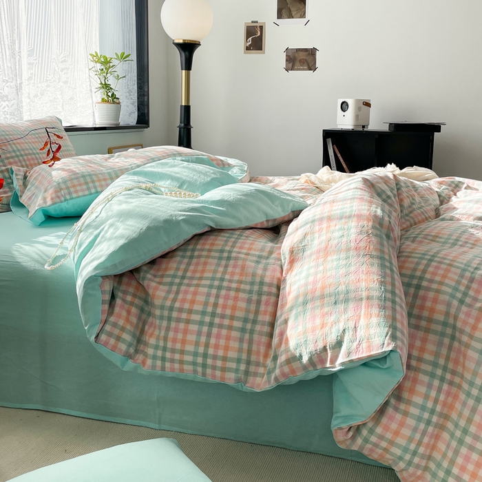 91家纺网 家纺一手货源 找家纺 春皖家纺 2026新款色织AB版水洗棉三件套四件套单品系列（四件套风格一） 翠竹-绿格