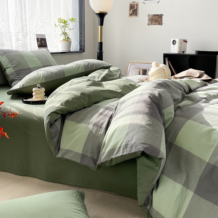 91家纺网 家纺一手货源 找家纺 春皖家纺 2026新款色织AB版水洗棉三件套四件套单品系列（四件套风格一） 素雅-清格