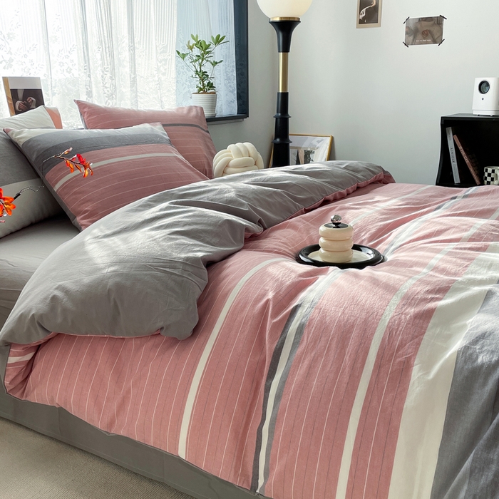 91家纺网 家纺一手货源 找家纺 春皖家纺 2026新款色织AB版水洗棉三件套四件套单品系列（四件套风格一） 素雅-蔻粉