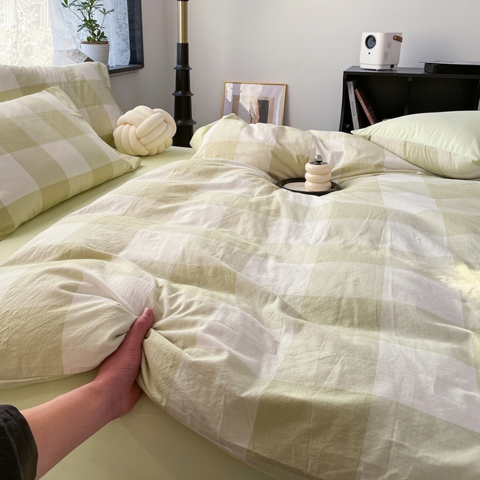 91家纺网 家纺一手货源 找家纺 春皖家纺 2026新款色织AB版水洗棉三件套四件套单品系列（四件套风格一） 素雅-芳绿