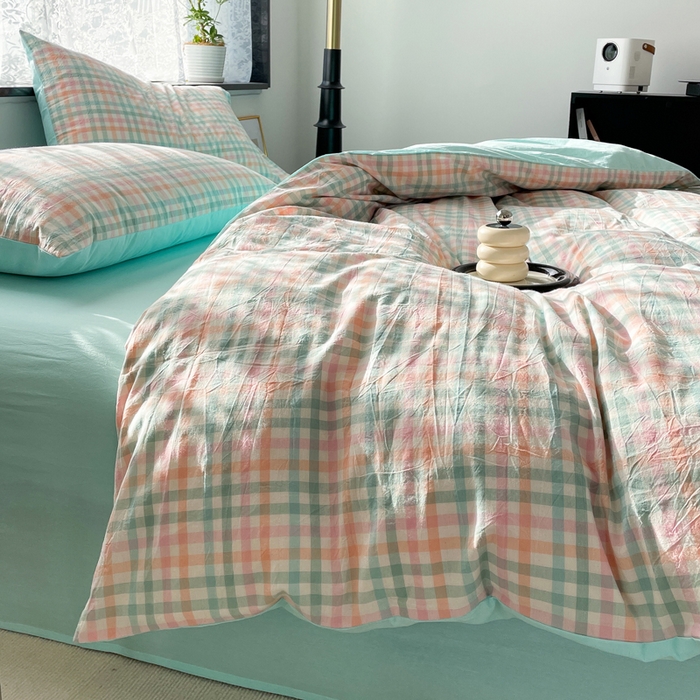 91家纺网 家纺一手货源 找家纺 春皖家纺 2026新款色织AB版水洗棉三件套四件套单品系列（四件套风格一） 翠竹-绿格