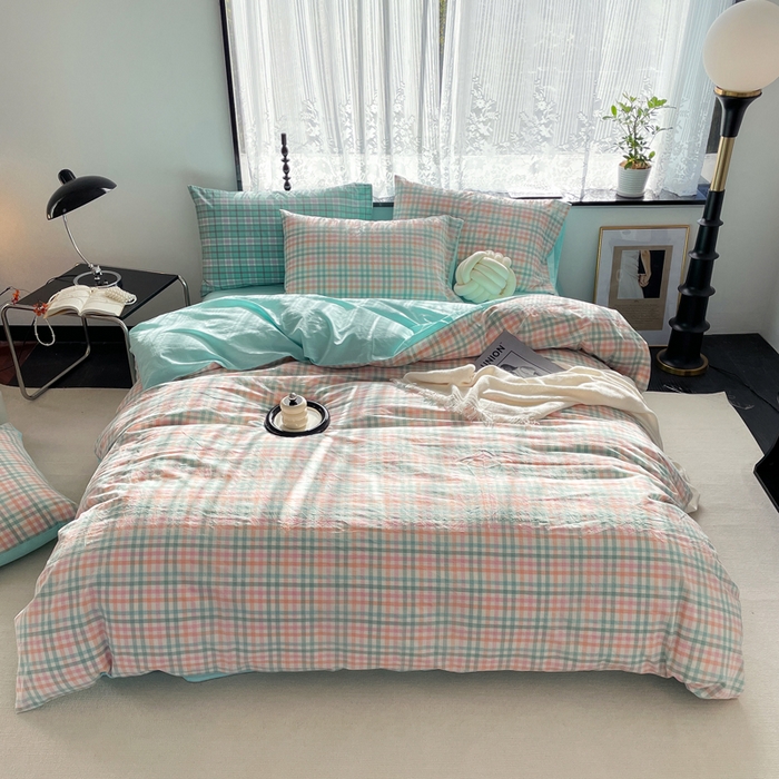 91家纺网 家纺一手货源 找家纺 春皖家纺 2026新款色织AB版水洗棉三件套四件套单品系列（四件套风格一） 翠竹-绿格