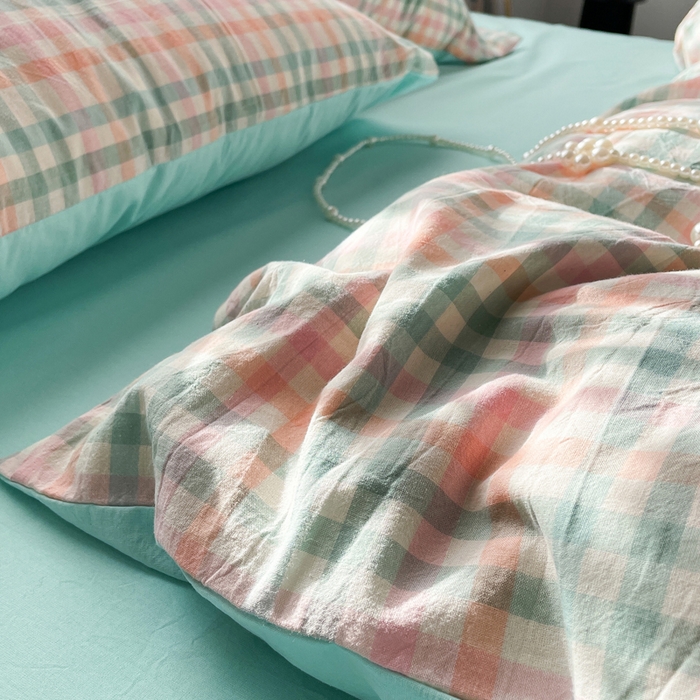 91家纺网 家纺一手货源 找家纺 春皖家纺 2026新款色织AB版水洗棉三件套四件套单品系列（四件套风格一） 翠竹-绿格