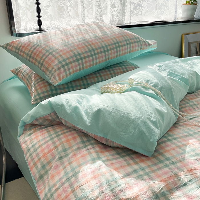 91家纺网 家纺一手货源 找家纺 春皖家纺 2026新款色织AB版水洗棉三件套四件套单品系列（四件套风格一） 翠竹-绿格