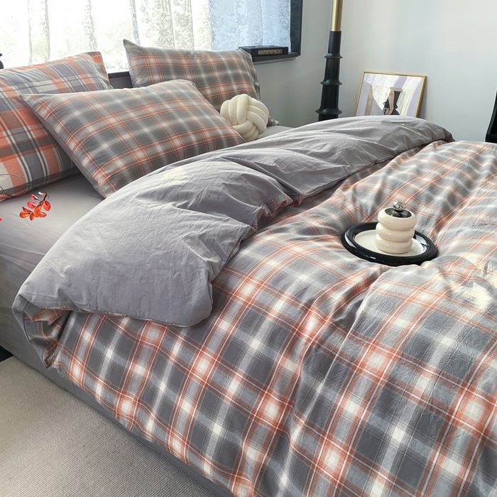 91家纺网 家纺一手货源 找家纺 春皖家纺 2026新款色织AB版水洗棉三件套四件套单品系列（四件套风格一） 栗木-咖格