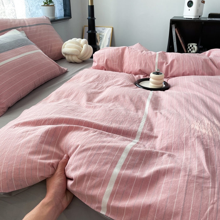 91家纺网 家纺一手货源 找家纺 春皖家纺 2026新款色织AB版水洗棉三件套四件套单品系列（四件套风格一） 素雅-蔻粉