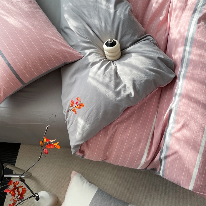 91家纺网 家纺一手货源 找家纺 春皖家纺 2026新款色织AB版水洗棉三件套四件套单品系列（四件套风格一） 素雅-蔻粉