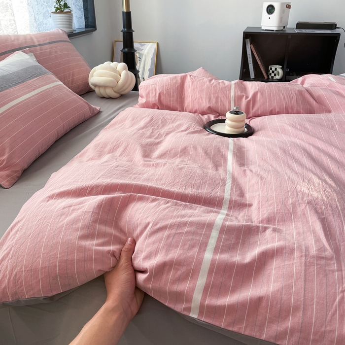 91家纺网 家纺一手货源 找家纺 春皖家纺 2026新款色织AB版水洗棉三件套四件套单品系列（四件套风格一） 素雅-蔻粉