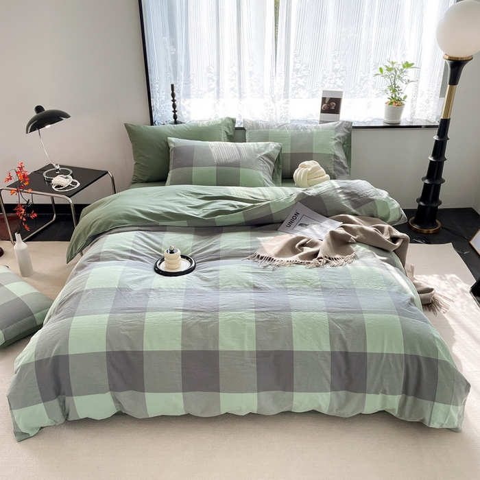 春皖家纺 2026新款色织AB版水洗棉三件套四件套单品系列（四件套风格一） 素雅-清格