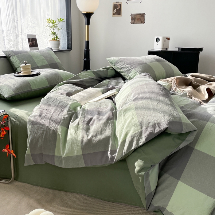 91家纺网 家纺一手货源 找家纺 春皖家纺 2026新款色织AB版水洗棉三件套四件套单品系列（四件套风格一） 素雅-清格