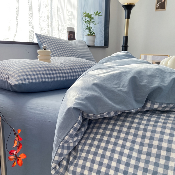 91家纺网 家纺一手货源 找家纺 春皖家纺 2026新款色织AB版水洗棉三件套四件套单品系列（四件套风格一） 素雅-蓝小格