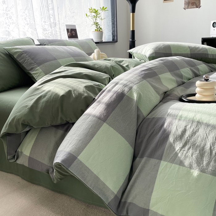 91家纺网 家纺一手货源 找家纺 春皖家纺 2026新款色织AB版水洗棉三件套四件套单品系列（四件套风格一） 素雅-清格