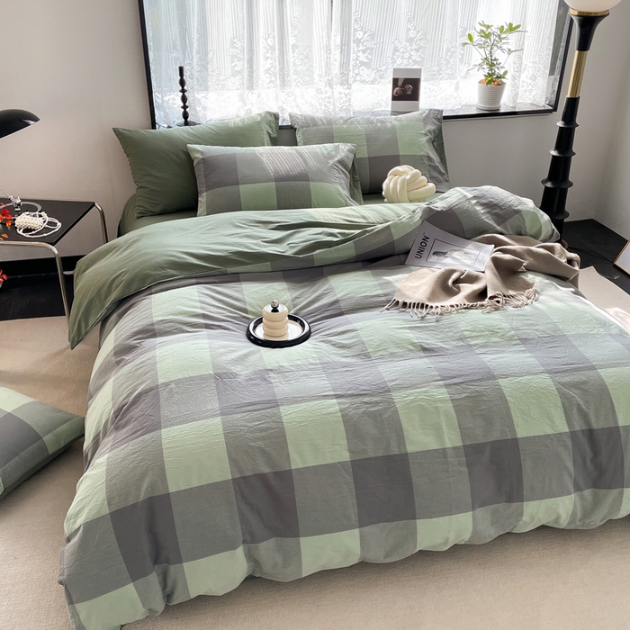 91家纺网 家纺一手货源 找家纺 春皖家纺 2026新款色织AB版水洗棉三件套四件套单品系列（四件套风格一） 素雅-清格