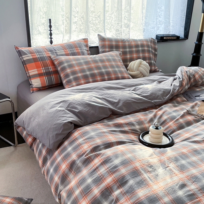 91家纺网 家纺一手货源 找家纺 春皖家纺 2026新款色织AB版水洗棉三件套四件套单品系列（四件套风格一） 栗木-咖格