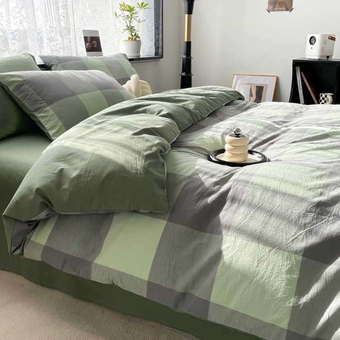 91家纺网 家纺一手货源 找家纺 春皖家纺 2026新款色织AB版水洗棉三件套四件套单品系列（四件套风格一） 素雅-清格