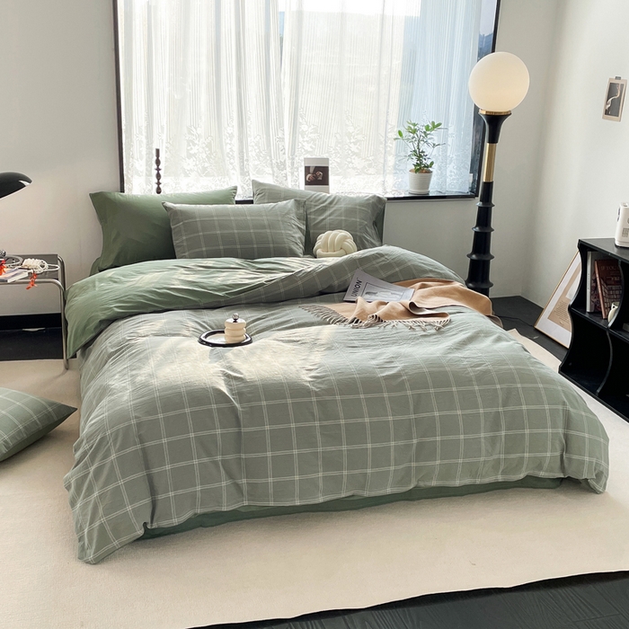 91家纺网 家纺一手货源 找家纺 春皖家纺 2026新款色织AB版水洗棉三件套四件套单品系列（四件套风格一） 素雅-韵绿