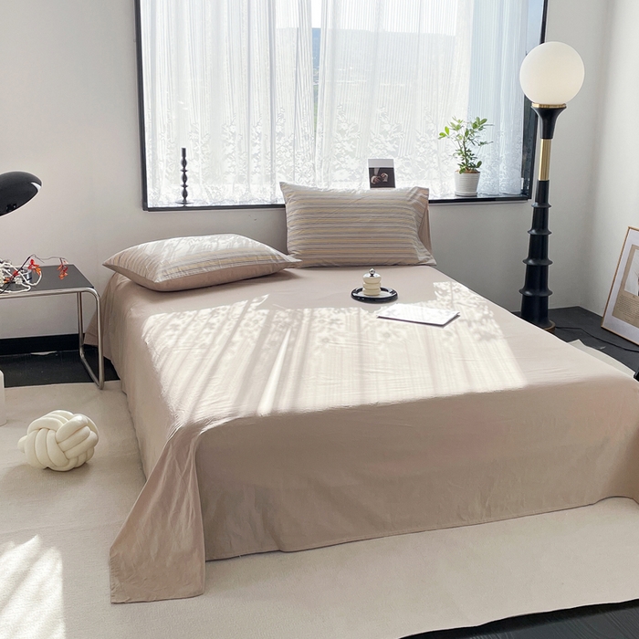 91家纺网 家纺一手货源 找家纺 春皖家纺 2026新款色织AB版水洗棉三件套四件套单品系列（四件套风格一） 素雅-杏黄纹