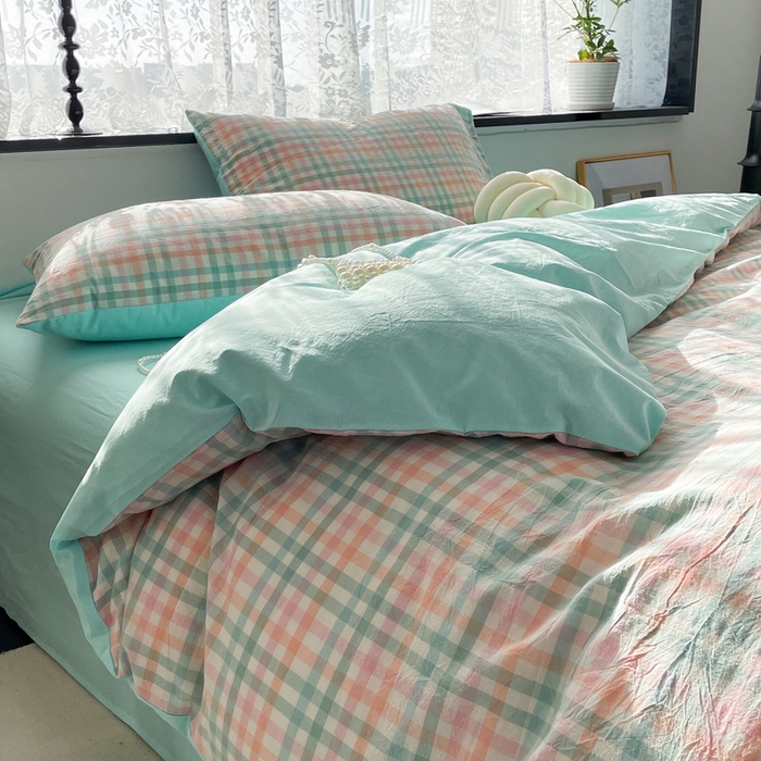 91家纺网 家纺一手货源 找家纺 春皖家纺 2026新款色织AB版水洗棉三件套四件套单品系列（四件套风格一） 翠竹-绿格