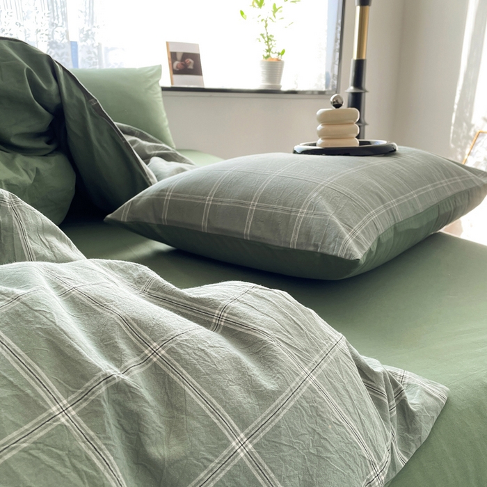 91家纺网 家纺一手货源 找家纺 春皖家纺 2026新款色织AB版水洗棉三件套四件套单品系列（四件套风格一） 素雅-韵绿