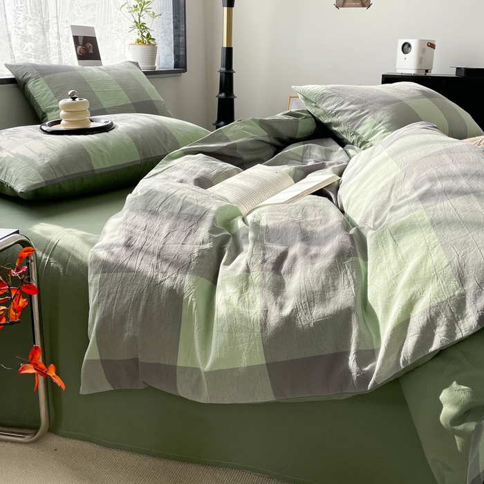 91家纺网 家纺一手货源 找家纺 春皖家纺 2026新款色织AB版水洗棉三件套四件套单品系列（四件套风格一） 素雅-清格