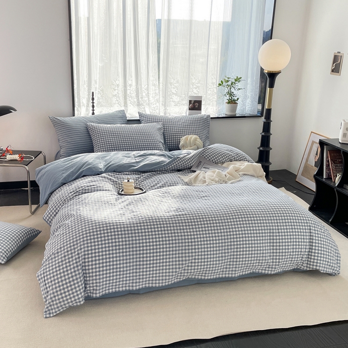 91家纺网 家纺一手货源 找家纺 春皖家纺 2026新款色织AB版水洗棉三件套四件套单品系列（四件套风格一） 素雅-蓝小格