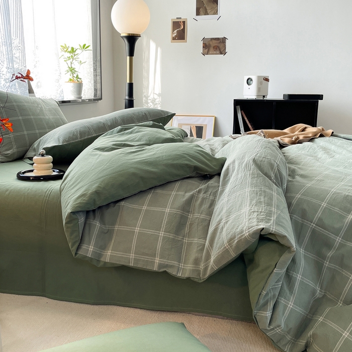 91家纺网 家纺一手货源 找家纺 春皖家纺 2026新款色织AB版水洗棉三件套四件套单品系列（四件套风格一） 素雅-韵绿