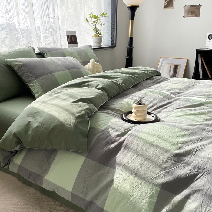 91家纺网 家纺一手货源 找家纺 春皖家纺 2026新款色织AB版水洗棉三件套四件套单品系列（四件套风格一） 素雅-清格