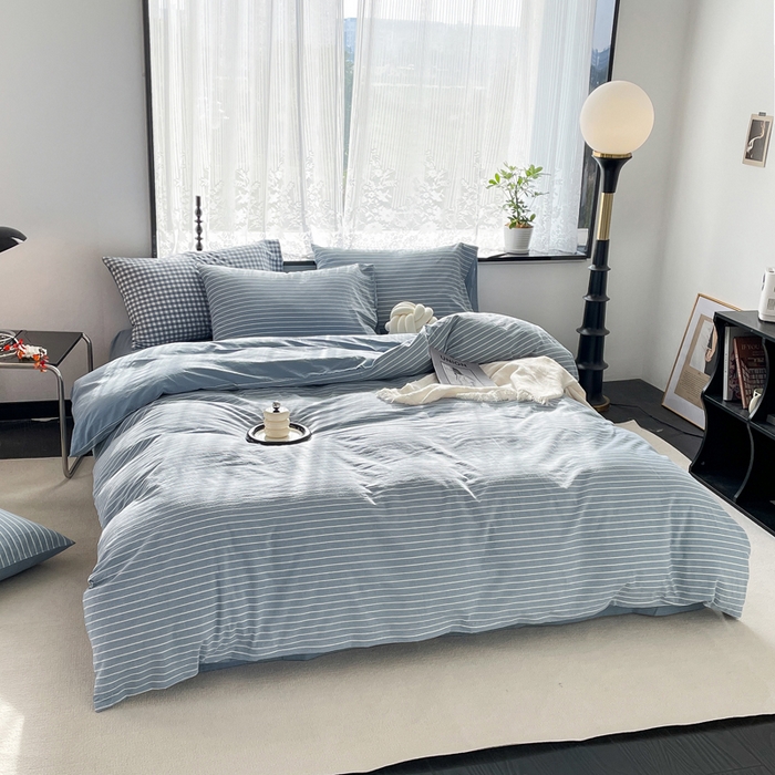 91家纺网 家纺一手货源 找家纺 春皖家纺 2026新款色织AB版水洗棉三件套四件套单品系列（四件套风格一） 素雅-蓝条