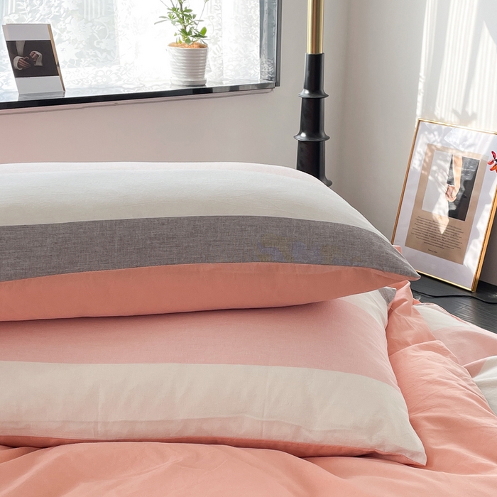 91家纺网 家纺一手货源 找家纺 春皖家纺 2026新款色织AB版水洗棉三件套四件套单品系列（四件套风格一） 素雅-灰白条