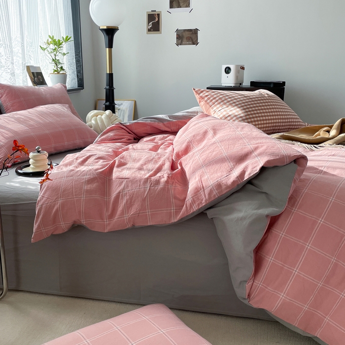 91家纺网 家纺一手货源 找家纺 春皖家纺 2026新款色织AB版水洗棉三件套四件套单品系列（四件套风格一） 素雅-韵粉