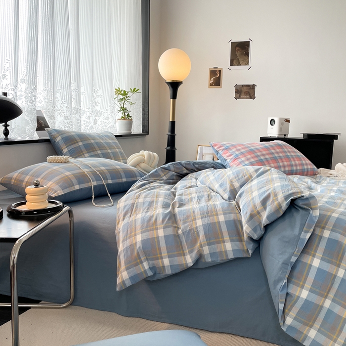 91家纺网 家纺一手货源 找家纺 春皖家纺 2026新款色织AB版水洗棉三件套四件套单品系列（四件套风格一） 素雅-蓝格