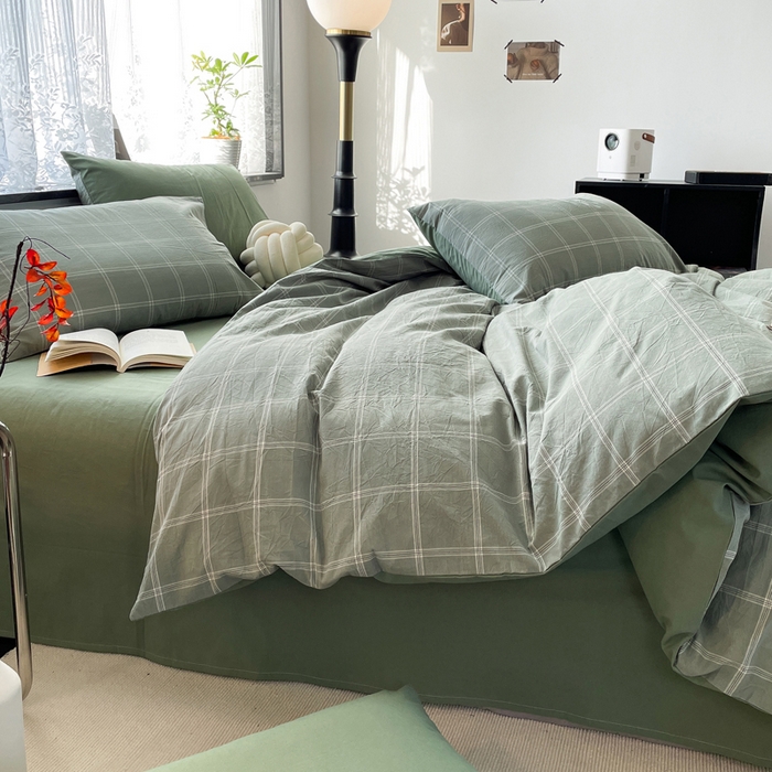 91家纺网 家纺一手货源 找家纺 春皖家纺 2026新款色织AB版水洗棉三件套四件套单品系列（四件套风格一） 素雅-韵绿