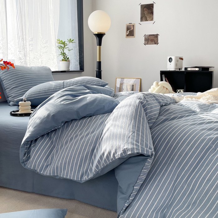 91家纺网 家纺一手货源 找家纺 春皖家纺 2026新款色织AB版水洗棉三件套四件套单品系列（四件套风格一） 素雅-蓝条