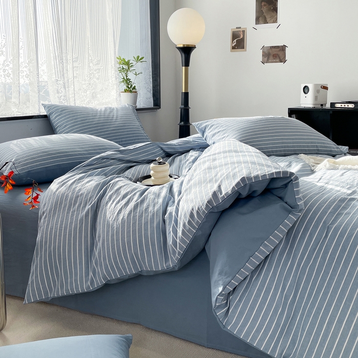 91家纺网 家纺一手货源 找家纺 春皖家纺 2026新款色织AB版水洗棉三件套四件套单品系列（四件套风格一） 素雅-蓝条