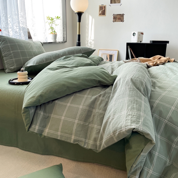 91家纺网 家纺一手货源 找家纺 春皖家纺 2026新款色织AB版水洗棉三件套四件套单品系列（四件套风格一） 素雅-韵绿