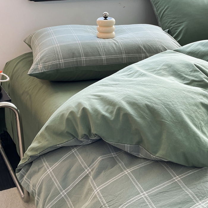 91家纺网 家纺一手货源 找家纺 春皖家纺 2026新款色织AB版水洗棉三件套四件套单品系列（四件套风格一） 素雅-韵绿