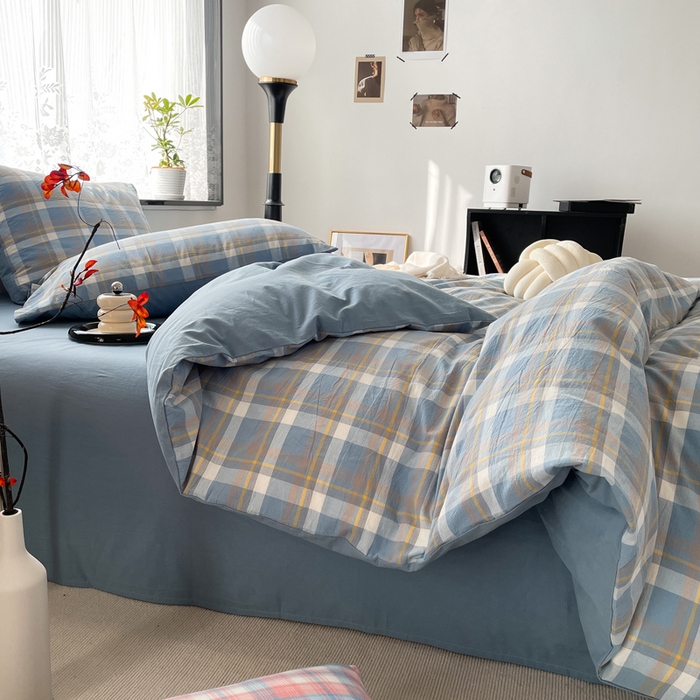 91家纺网 家纺一手货源 找家纺 春皖家纺 2026新款色织AB版水洗棉三件套四件套单品系列（四件套风格一） 素雅-蓝格